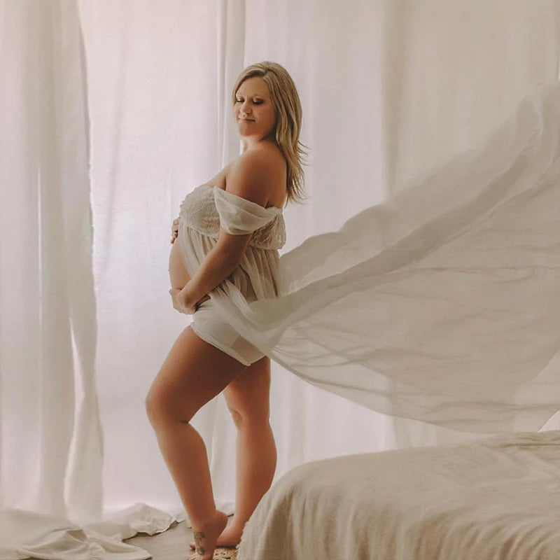 Maternity Lace Dress Sexy Gown Off Shoulder Long Pregnancy Dress Photo Shooting Women Fancy Clothing Slit Dress for Photoshoot