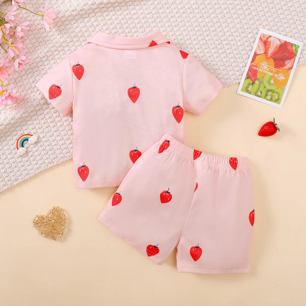 Children's Girls' Cartoon Pajamas Teddy Bear Strawberry print Short sleeved+Shorts 2Pcs/Set 0-3 Years old Cute Baby Girl Pajamas