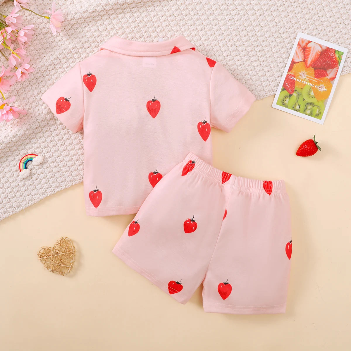 Children's Girls' Cartoon Pajamas Teddy Bear Strawberry print Short sleeved+Shorts 2Pcs/Set 0-3 Years old Cute Baby Girl Pajamas