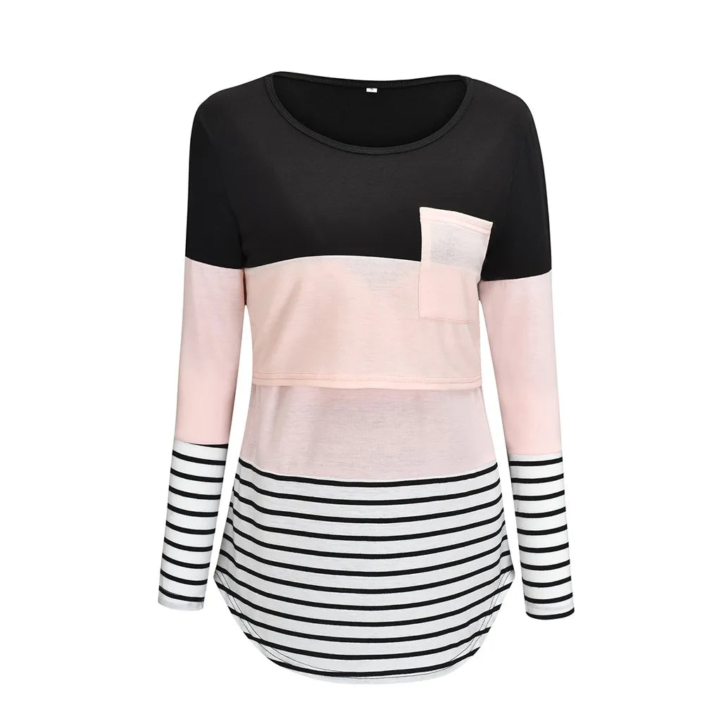 Fashion Pregnant Women Stiching Color Breastfeeding Nursing T Shirts Casual Loose Long Sleeve Tee Tops For Maternity