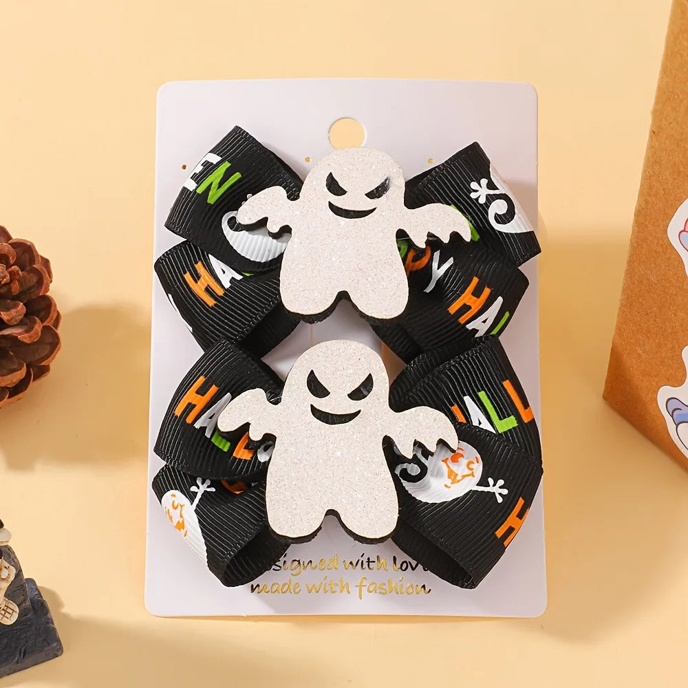 BrandName Halloween Hair Accessories for Kids Girls 2Pcs Set Ribbon Bow Hairpin Ghost Pumpkin Bat Clips