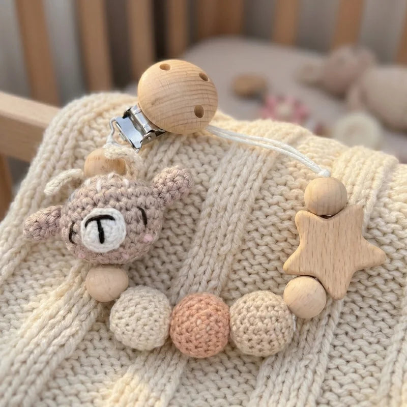 Personalized Baby Pacifier Clip with Name – Crochet Bear Wooden Star Teether Holder