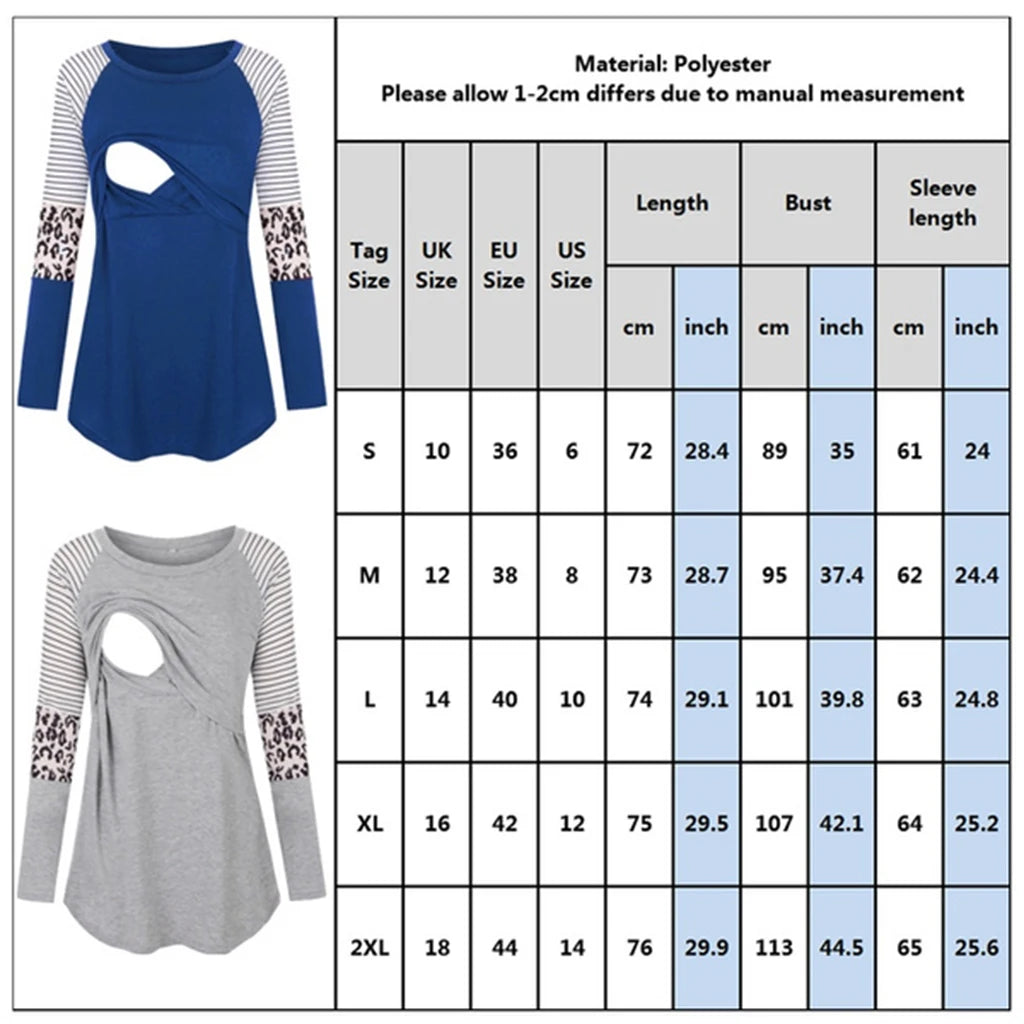 Women Maternity Long Sleeve Nursing Patchwork Color Tops Breastfeeding Blouse
