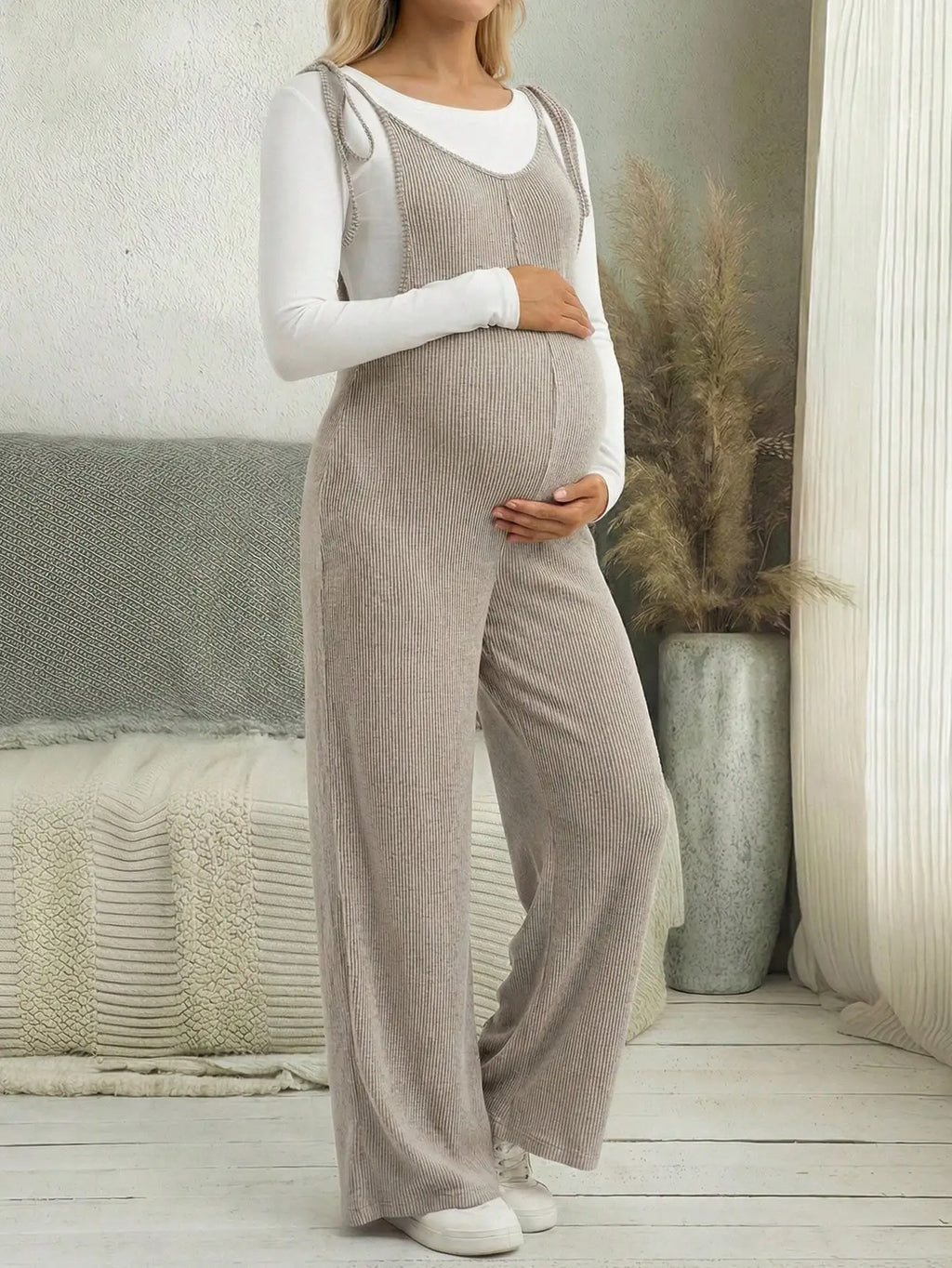 Maternity Women's Two Piece Pants Outfits with Long Sleeve Top and Wide Leg Ribbed Lounge Set for Casual Daily Vacation Wear