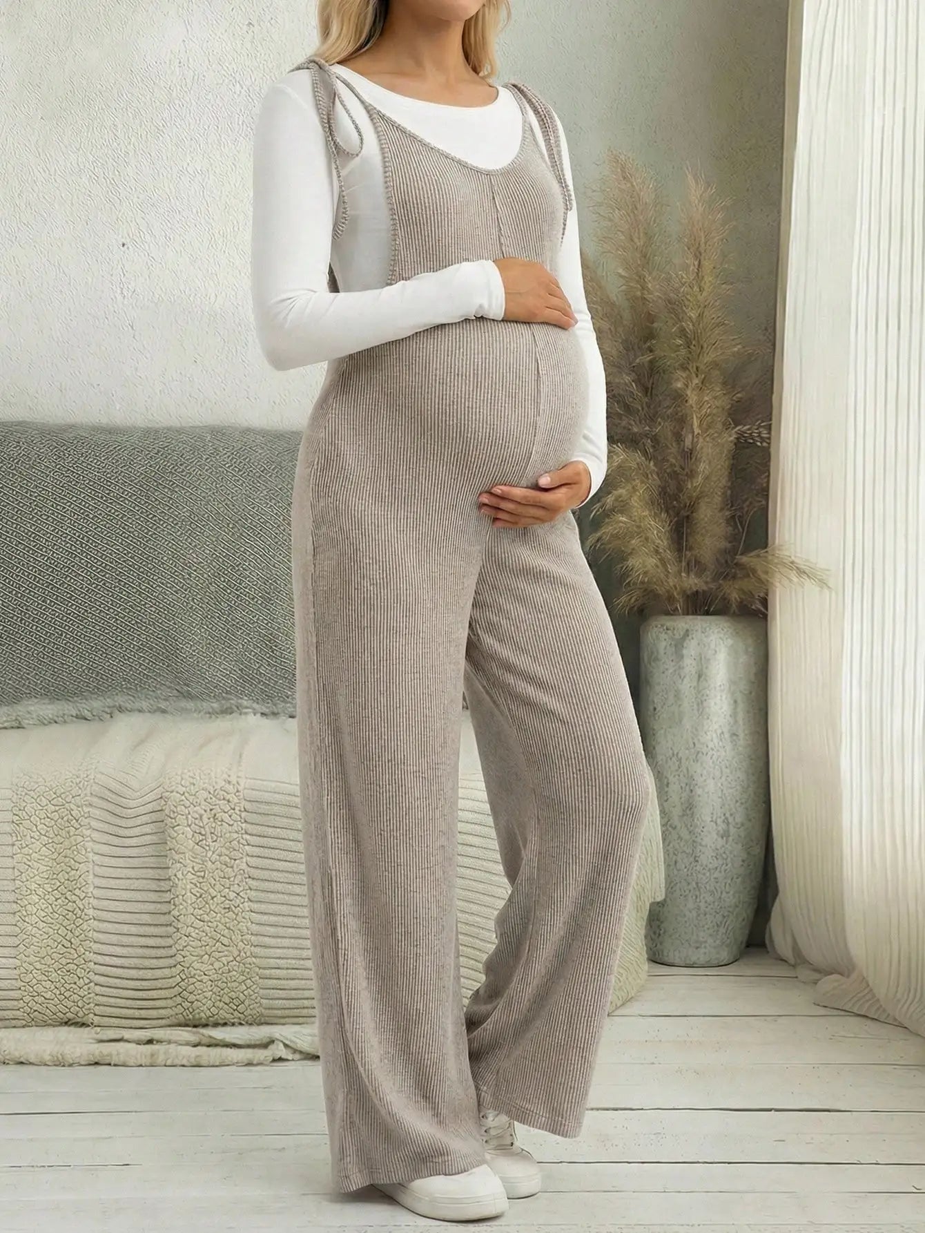 Maternity Women's Two Piece Pants Outfits with Long Sleeve Top and Wide Leg Ribbed Lounge Set for Casual Daily Vacation Wear