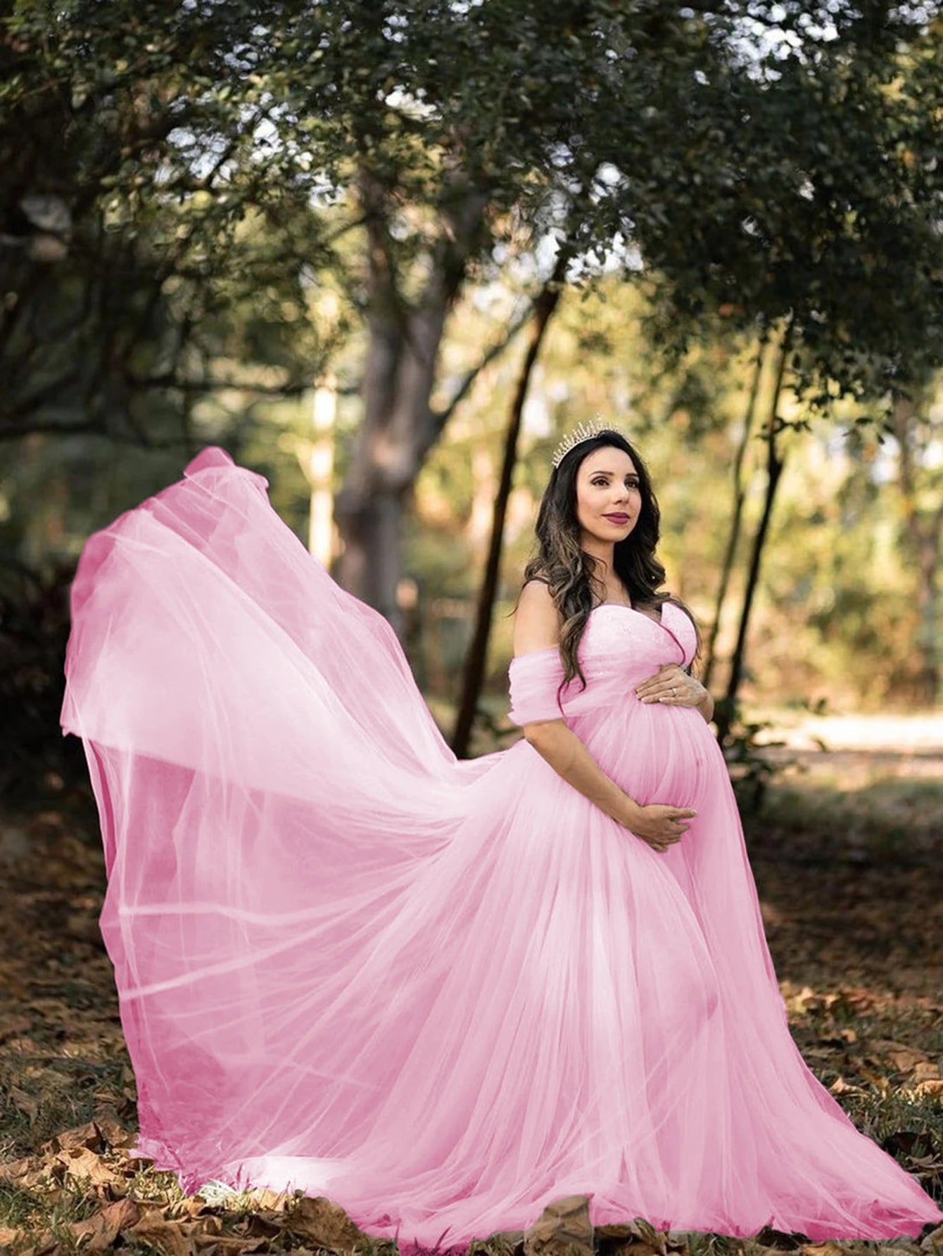 Maternity Lace Mesh Long Dress Pregnancy Shouldless Maxi Gown Dresses Soft Tulle Fabric Strapless for Baby Shower Photo Shoot