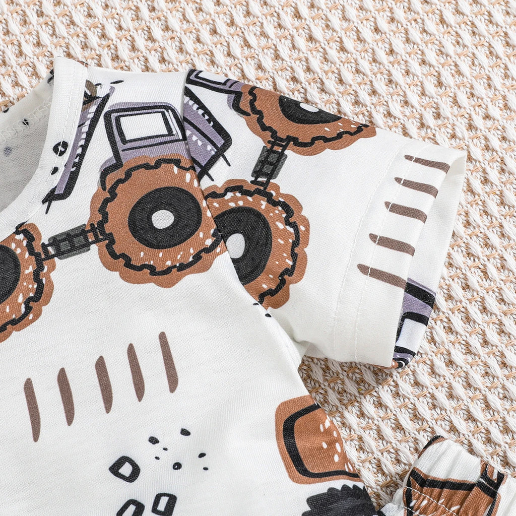 2Pcs Male Baby Set Cartoon Mechanical Digging Machine Printed Short Sleeve+Pants Set 6-24 Months Male Baby Summer Casual Set