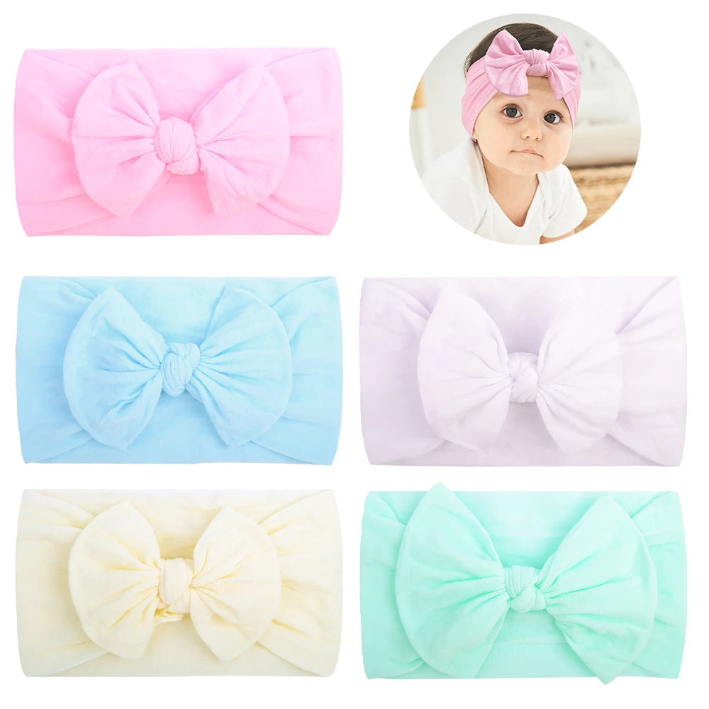 5Pcs/lot Bright Nylon Solid Color Baby Headband Set 3.5inch Bowknot Casual Headties Soft and Non Damaging To Hair