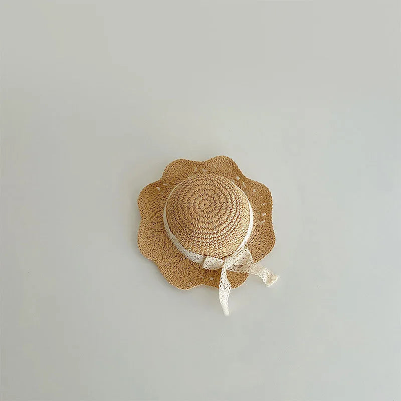 Lace Bow Girl Straw Hat Baby Summer Sun Hats Travel Beach Kids Large Brim Fisherman Cap 2-5Year Children Sunscreen Bucket Caps