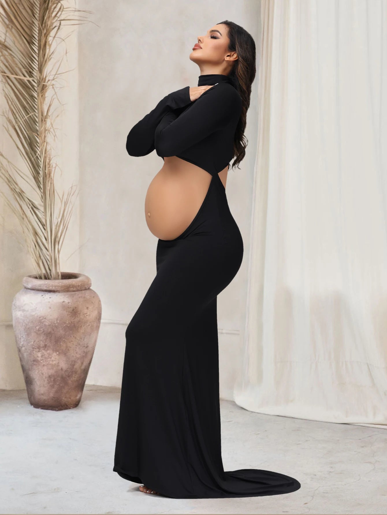 Pregnancy Dress Photography Props Maxi Gown Turtleneck Full Sleeve Cut Out Belly Bodycon Maternity PhotoShoot For Baby Shower