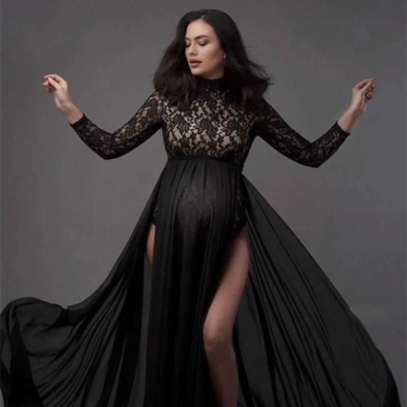 Maternity Long Sleeves Lace Dress See-Through Bodysuit and Maxi Chiffon Skirt 2Pc Outfit for Photoshoot Baby Shower