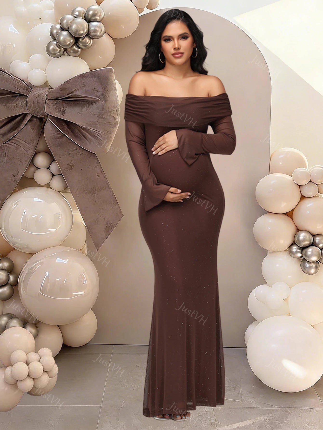 Maternity Off Shoulder Bell Sleeve Sequin Mesh Long Dress Party Elegant Bodycon Gown for Photoshoot Baby Shower