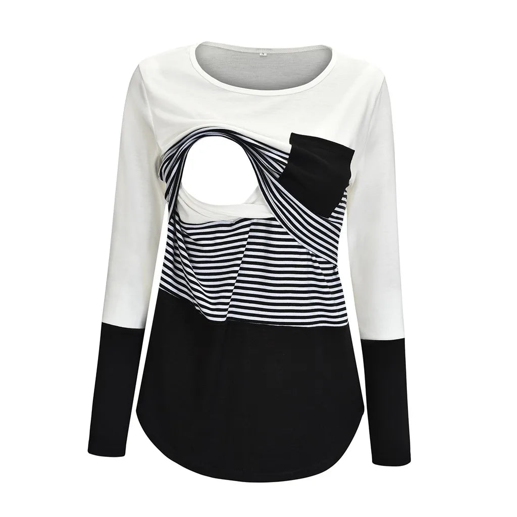 Fashion Pregnant Women Stiching Color Breastfeeding Nursing T Shirts Casual Loose Long Sleeve Tee Tops For Maternity