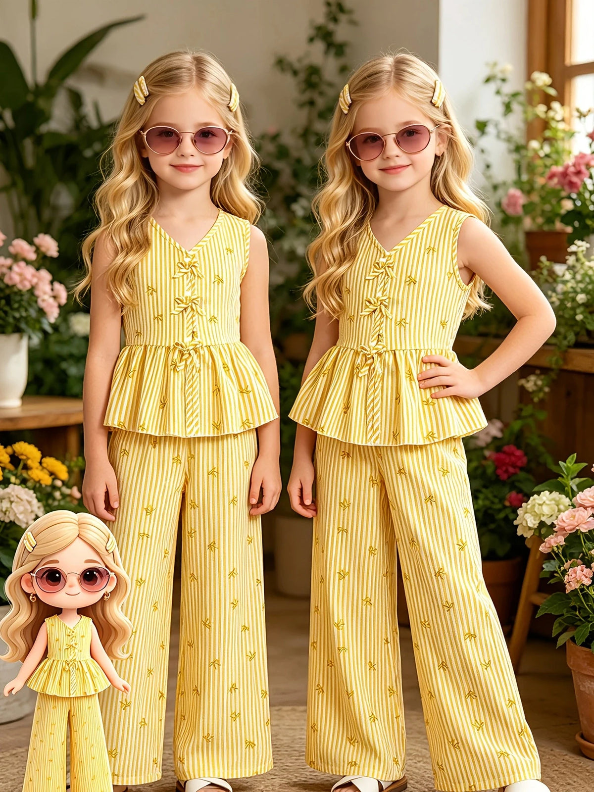 Kids Girls 2-Piece Summer Outfit, Yellow Vertical Stripe Bow Print V Neck Sleeveless Peplum Top & High Waist Wide Leg Pants Casu