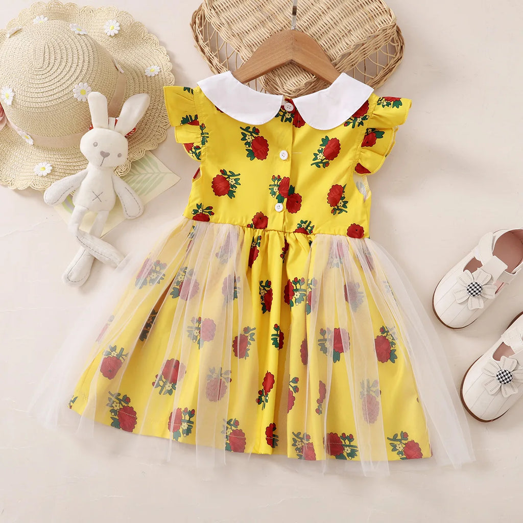 1-6 Year old Girls' Dress, Sudan rose print Bow Chiffon Dress, Girls' Holiday Dress Children's Clothing