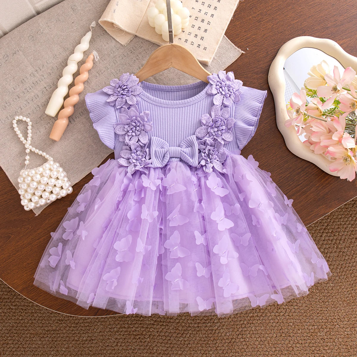 Summer Fashion Solid Color Toddler Princess Fairy Dress Korean Style Sweet Pink Bow Birthday Party Baby Girl Butterfly Dress