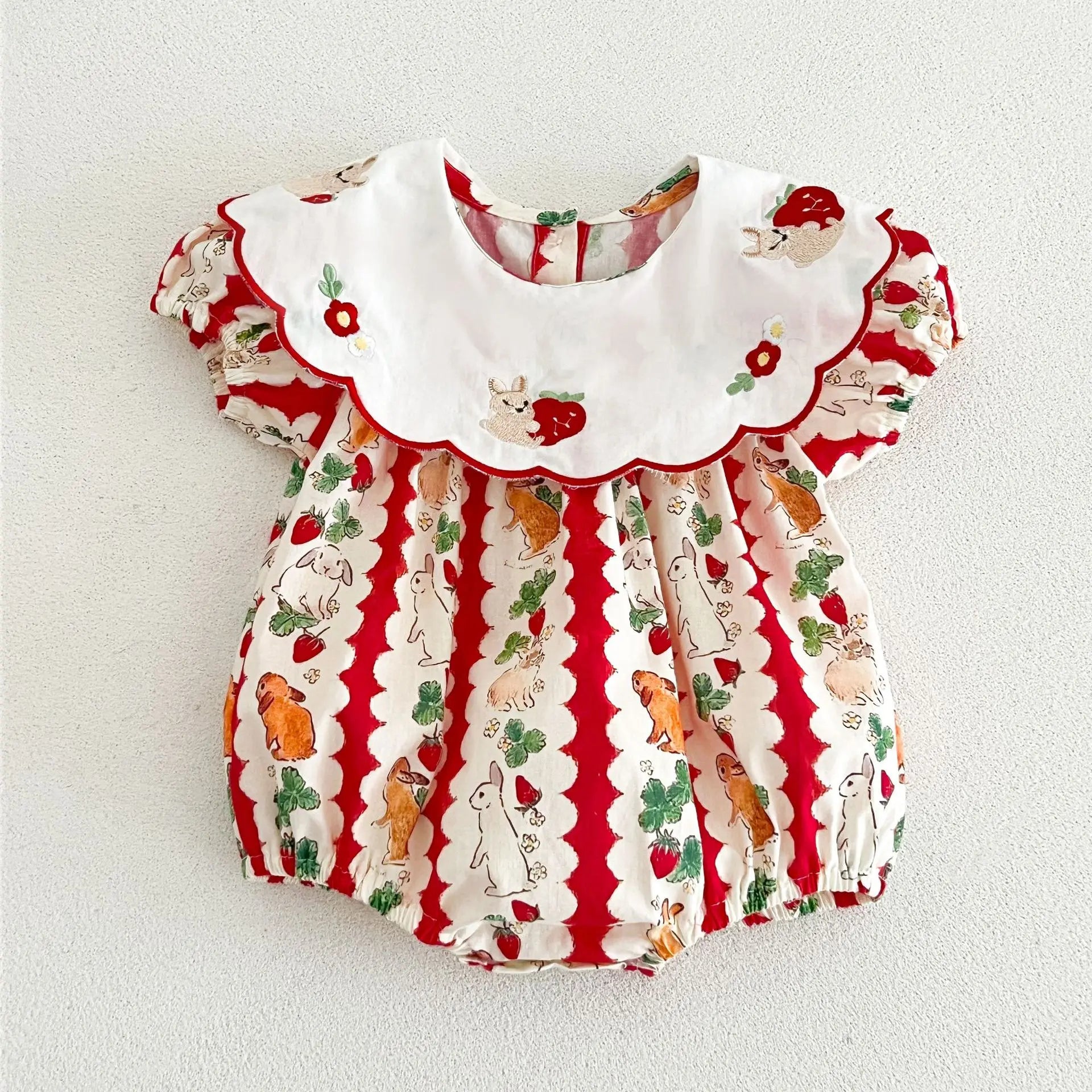 insBaby Girl Rabbit Cartoon Print Embroidered Collar Romper Infant Toddler Sweet Summer Short Sleeve Jumpsuit