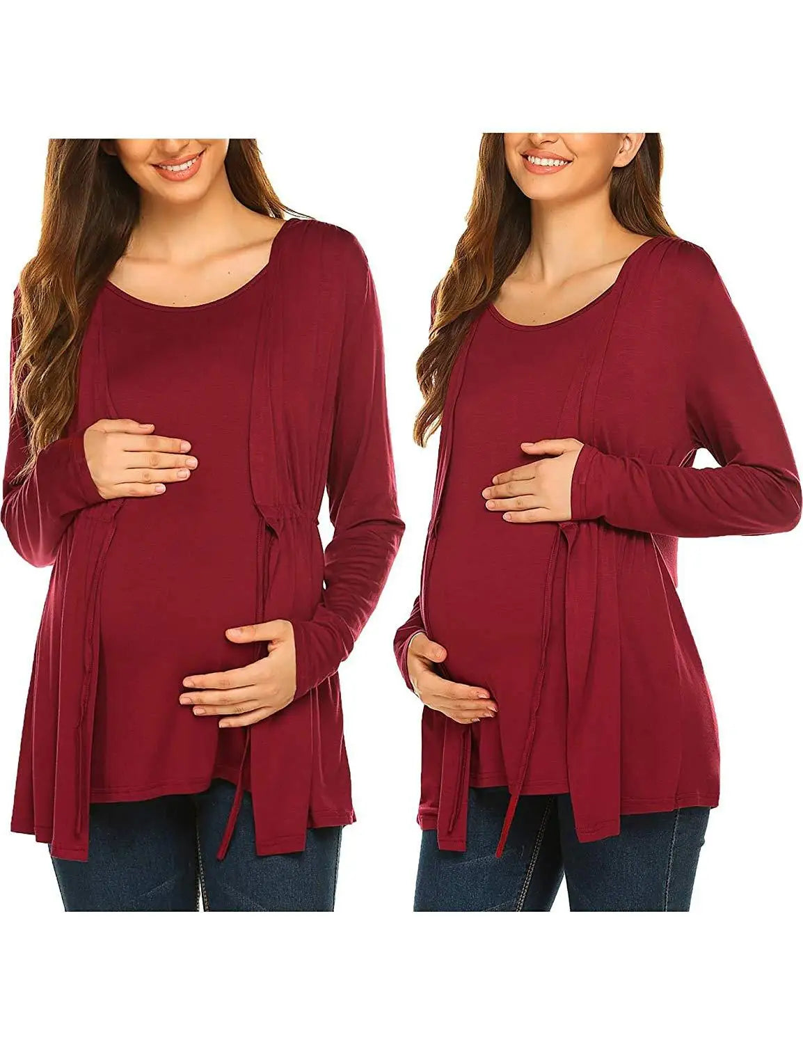 Autumn Winter Long Sleeve Round Neck Fake Two Piece Lace Up Breastfeeding Pregnant Women's Top T-shirt Pregnant Women's Outwear