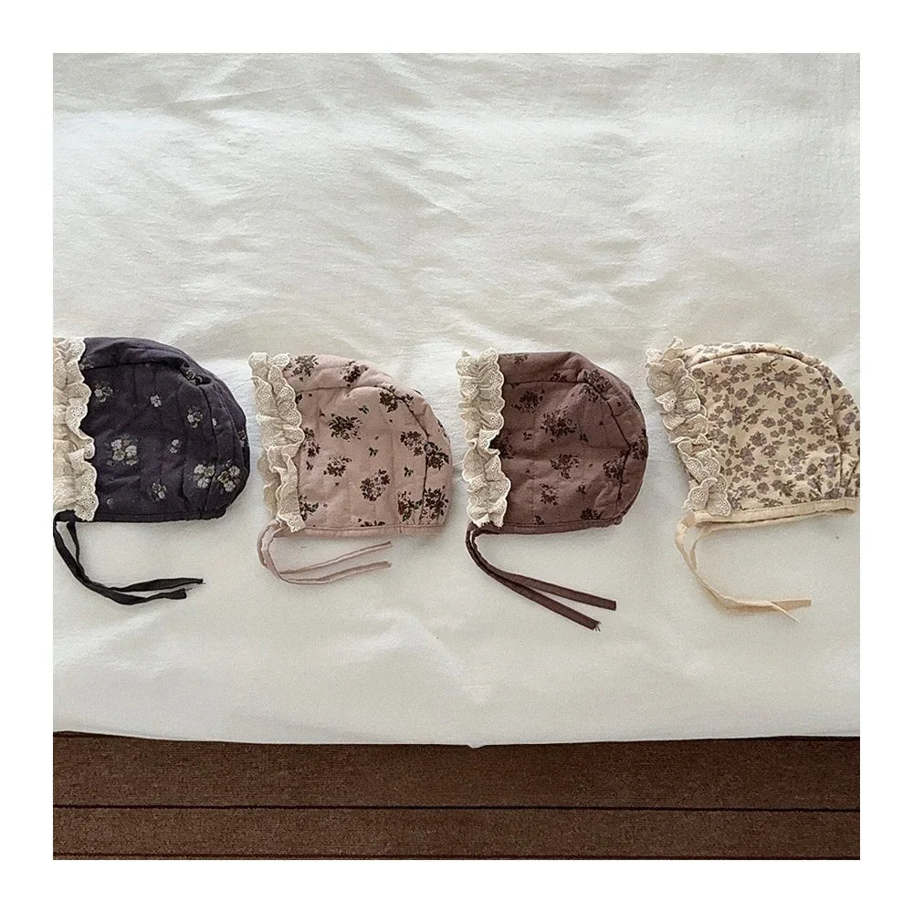 Children Warm Winter Cap Kids Girls Quilted Earflap Hat for Newborns Baby Floral Print Lace Trim Bonnet for Girls Accessories