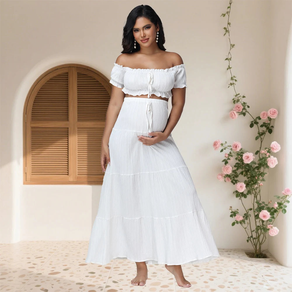 Maternity Photography Dress Sets 2Pc Sexy Ruffles Short Sleeves Tube Top T-shirt and Skirt Outfit for Photoshoot Baby Shower