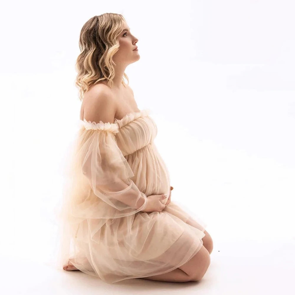 Maternity Mesh Photography Gown Long Sleeves Off-shoulder Elegant Summer Short Dress for Baby Shower Photoshoot