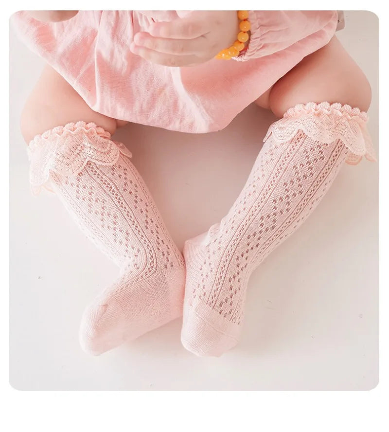Baby Lace Princess Knee High Socks Kids Girls Boys Long Sock Cotton Mesh Breathable Children Hollow Out Socken for 0-3 Years Old