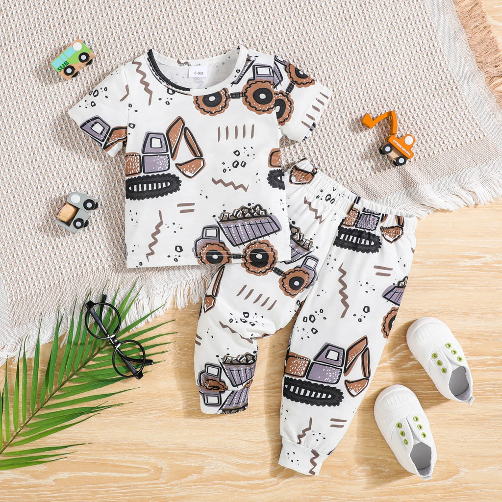2Pcs Male Baby Set Cartoon Mechanical Digging Machine Printed Short Sleeve+Pants Set 6-24 Months Male Baby Summer Casual Set