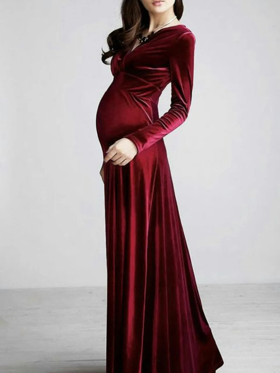 Maternity Photography Dress Velvet Long Sleeves V-Neck High Waist Gown For Wedding  Baby Shower Photo Shoot