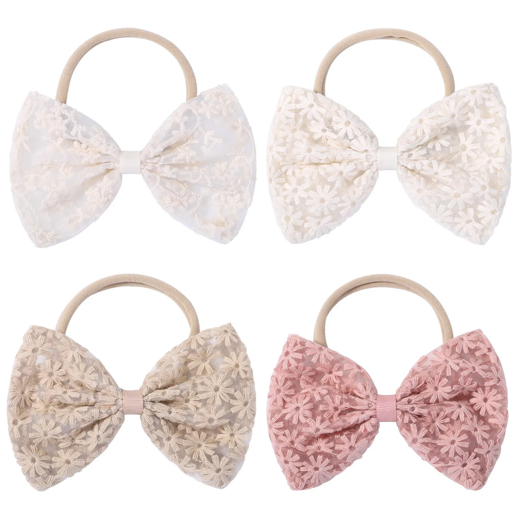 4Pcs 4.5 Inch Big Bows Hair Nylon Band for Baby Rural Style Daisy Embroidery Butterfly Bow Headband Sweet Headdress