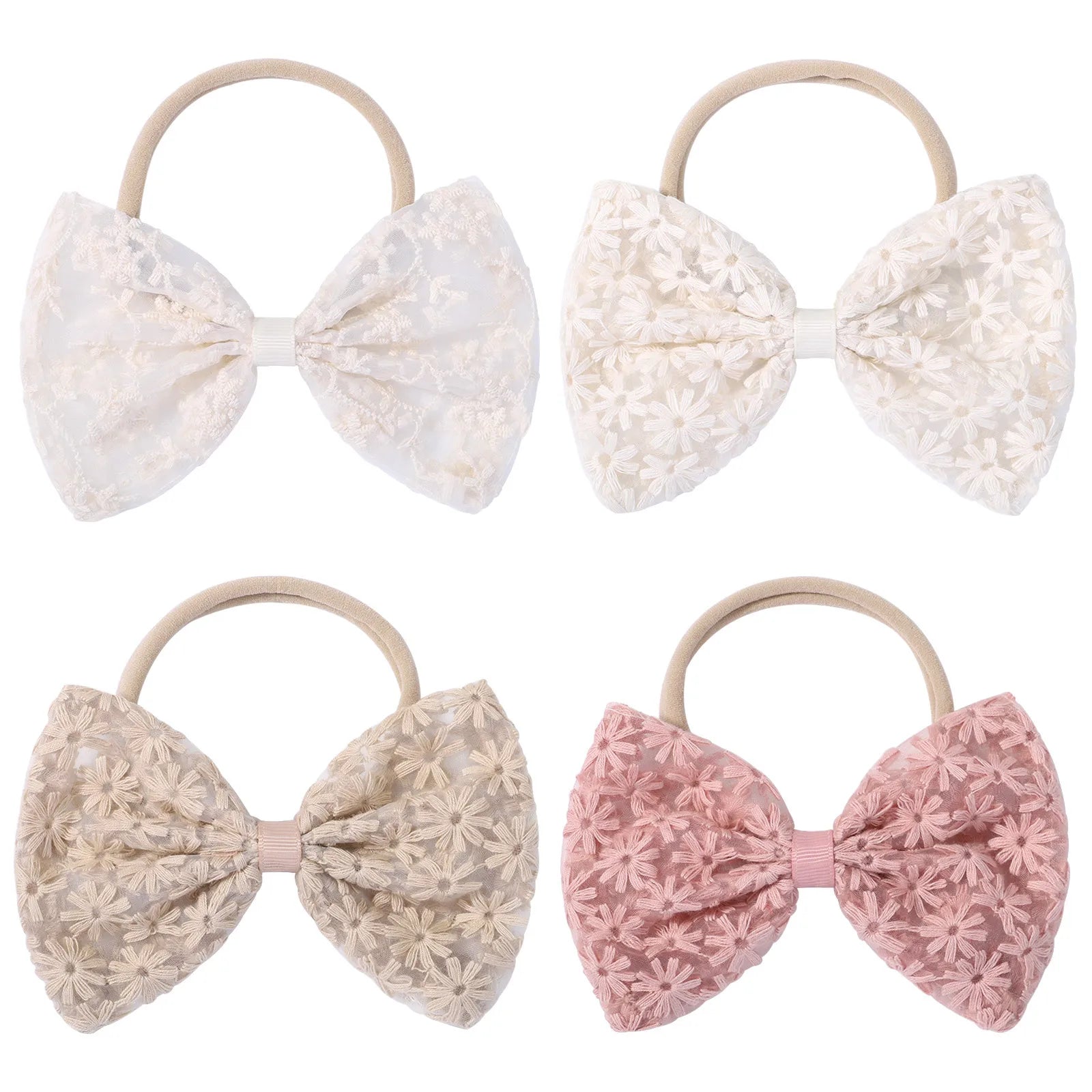 4Pcs 4.5 Inch Big Bows Hair Nylon Band for Baby Rural Style Daisy Embroidery Butterfly Bow Headband Sweet Headdress
