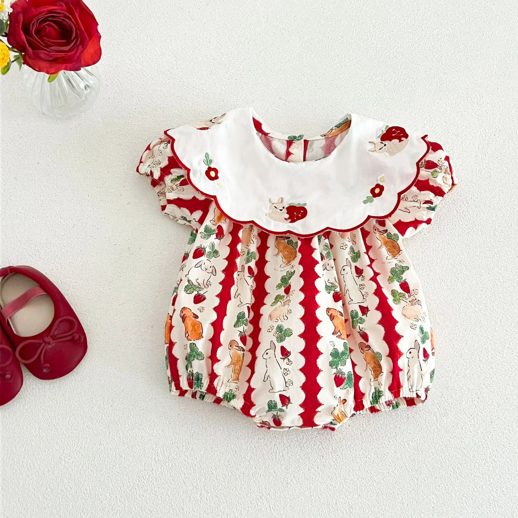 insBaby Girl Rabbit Cartoon Print Embroidered Collar Romper Infant Toddler Sweet Summer Short Sleeve Jumpsuit