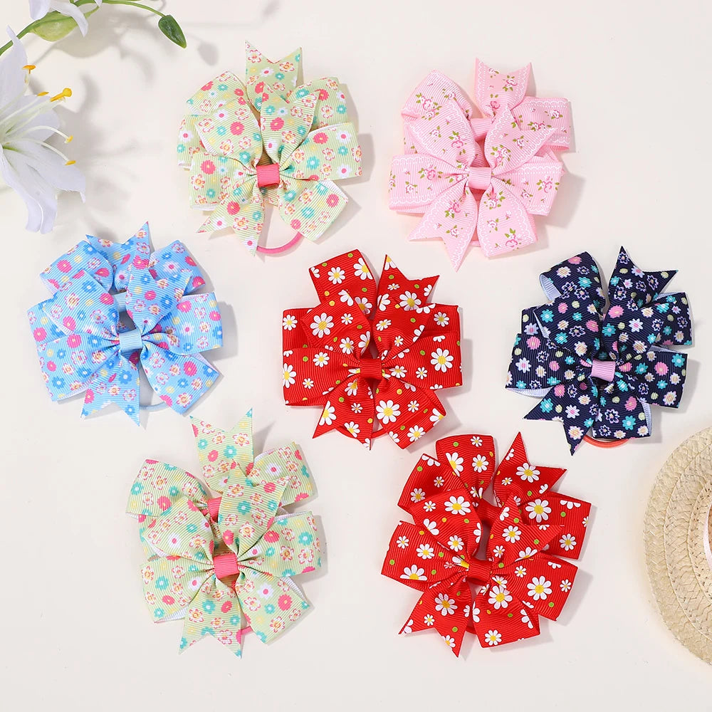 50Pcs Random 3inch flower bowknot hair rope for girls fresh printing head ties toddler cute ponytail hair band set