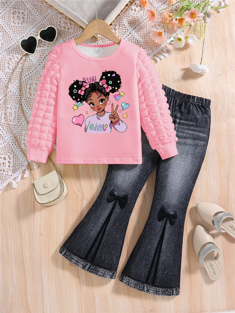 Two-piece Spring/Fall Girls Fashion Casual Suit Pink crew neck cartoon girl Print puffy sleeve top + black stretch slim pants