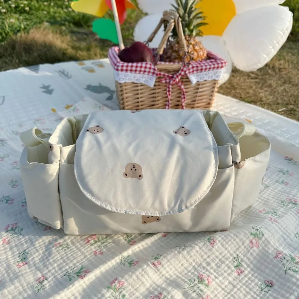 Cartoon Stroller Organizer Bag Bear Cloth Pram Storage Bag Large Capacity Multi Pocket Stroller Hanging Bag