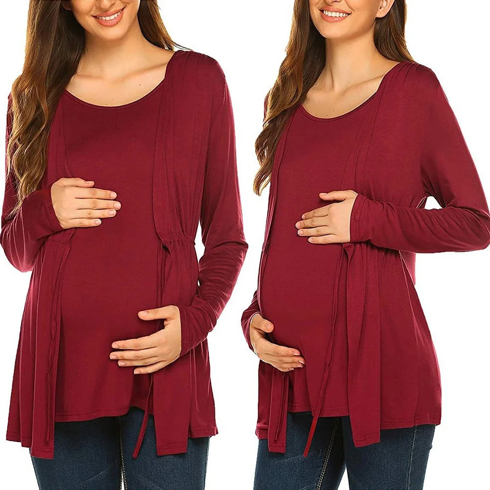 Women Maternity Clothes Long Sleeve Double Layer Nursing Tops T-shirt Breastfeeding Pregnancy Clothes Gestante Roupas