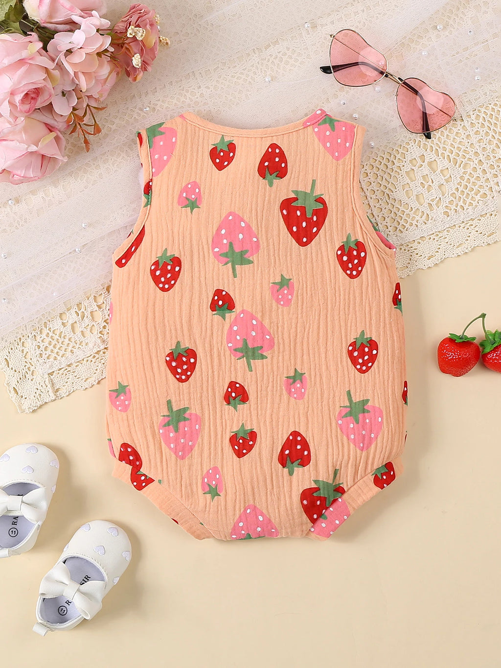 Summer Fashion Baby Girl Striped Triangle Jumpsuit Sleeveless Front Open Chest Full Print Strawberry Pattern Cute Baby Outfit