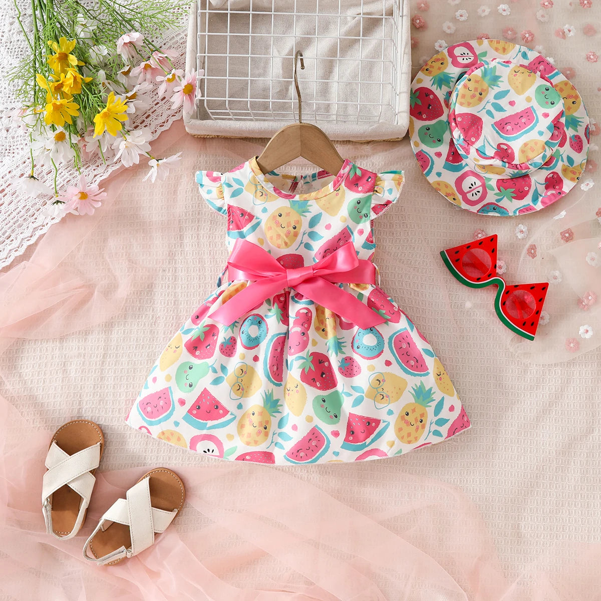 Baby girl Summer Dress Colorful Fruit Pattern Casual Dress+Hat 2Pcs/set suitable for Cute Female Babies aged 0-24 Months