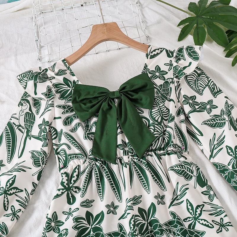 Teen Girls Botanical Print Jumpsuit, Back Big Bow Flared Cuff High Waist Loose Straight Long Casual Playsuit
