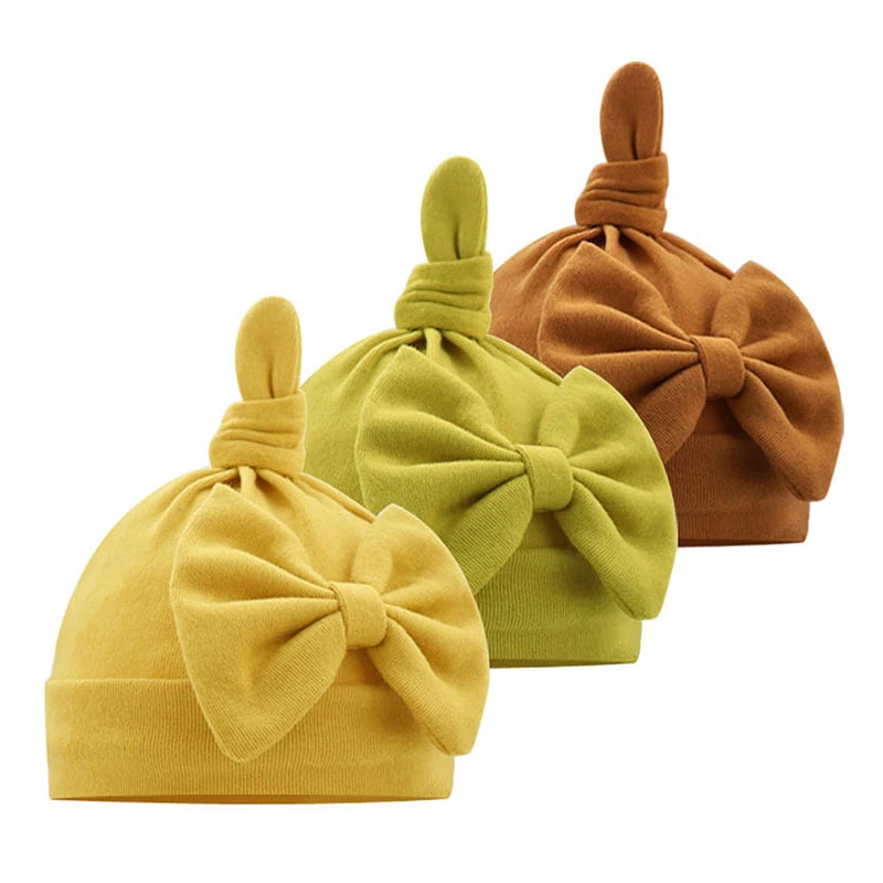 Solid Cotton Bow Knot Turban Hats for Baby Girls Beanies Soft Thin Elastic Caps Bonnet Newborn Infant 0-6 Months Headwraps
