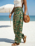 Women's Dressy Capris with Green Paisley Print Smocked Waist Wide Leg for Bohemian Beach Casual Wear