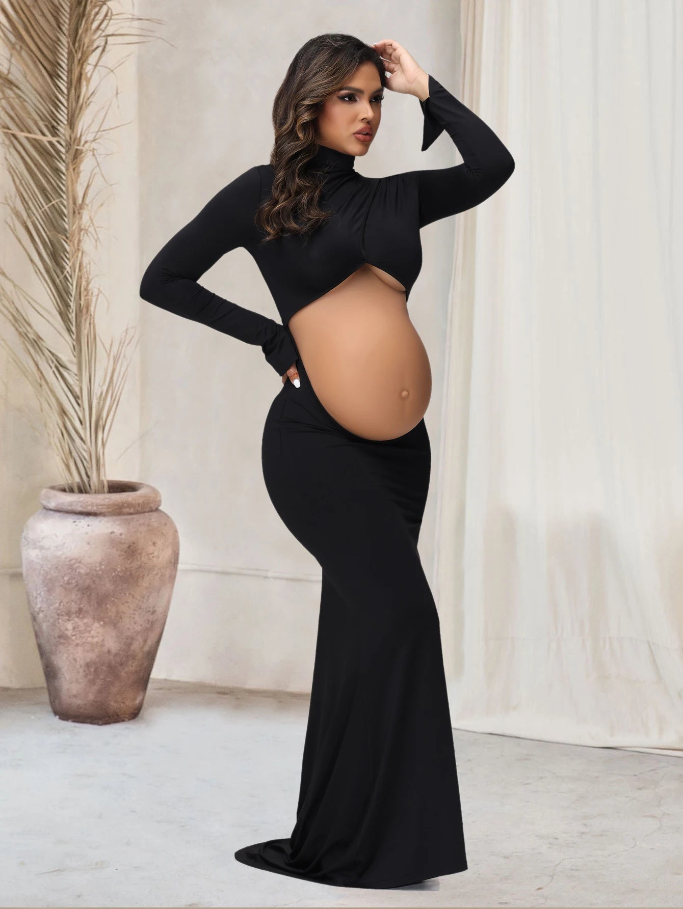 Pregnancy Dress Photography Props Maxi Gown Turtleneck Full Sleeve Cut Out Belly Bodycon Maternity PhotoShoot For Baby Shower