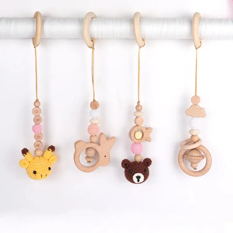 Baby Play Gym Frame Wooden Beech Activity Gym Frame Stroller Hanging Pendants Toys Teether Ring Nursing Rattle Toys Room Decor
