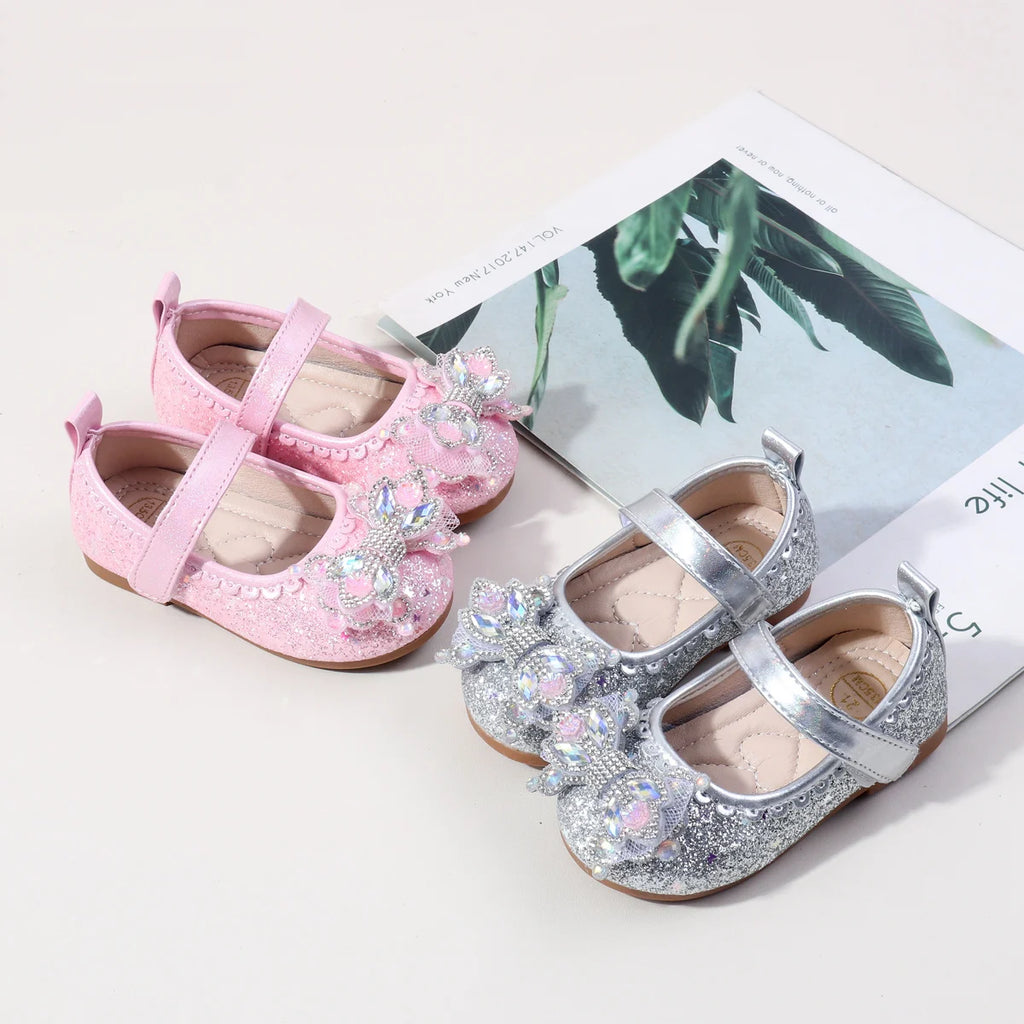 2025 Spring Bling-bling New Baby Girls' Crystal Princess Shoes For 0-3Y High Quality Soft TPR Sole Flat Girl's Leather Shoes