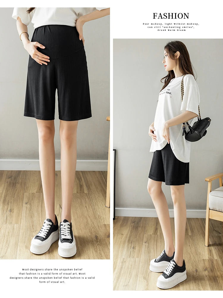 Summer Korean Style Pregnant Woman Ice Silk Shorts Knee-length Adjustable Waist Solid Color Maternity Wide Legs Straight Shorts