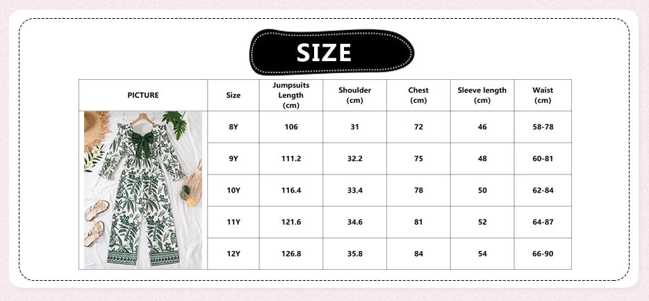 Teen Girls Botanical Print Jumpsuit, Back Big Bow Flared Cuff High Waist Loose Straight Long Casual Playsuit