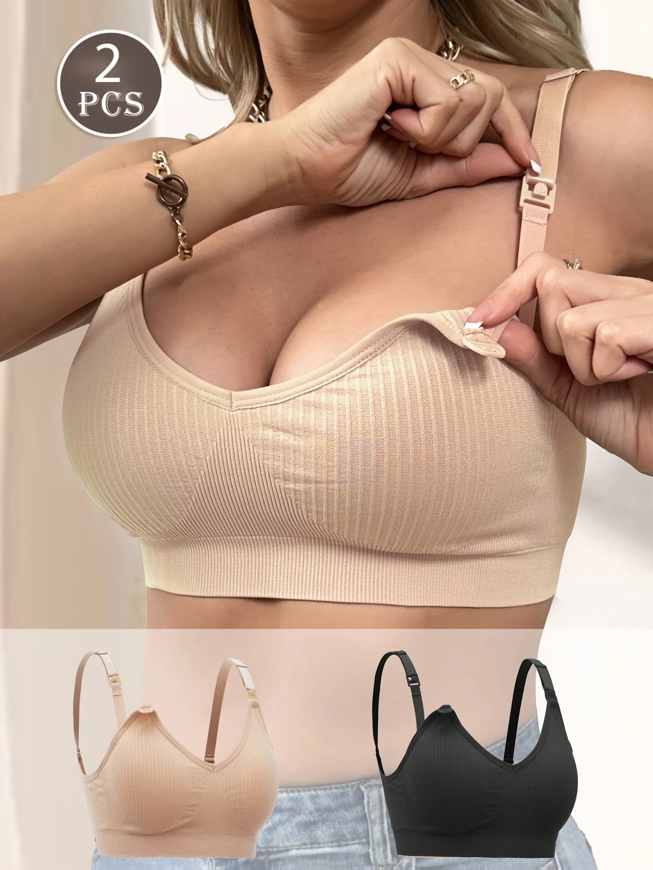 Two-Pack Ribbed Wire-Free Comfortable Front-Opening Nursing Bra