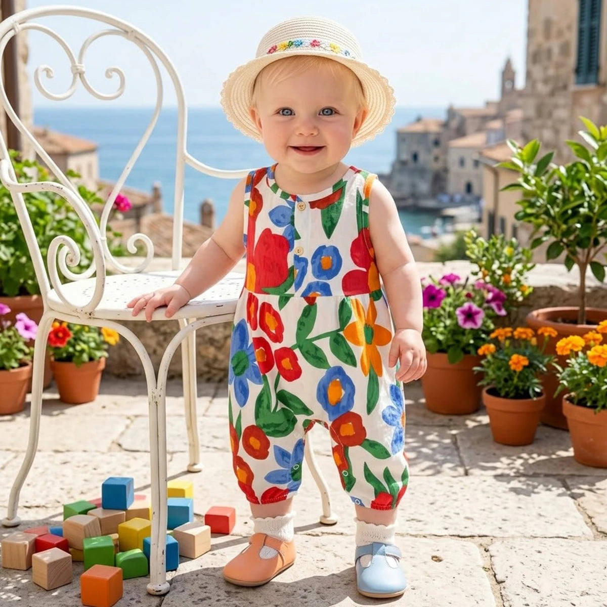 Baby Girls Printing Jumpsuits Flower Summer Rompers Cotton Toddler