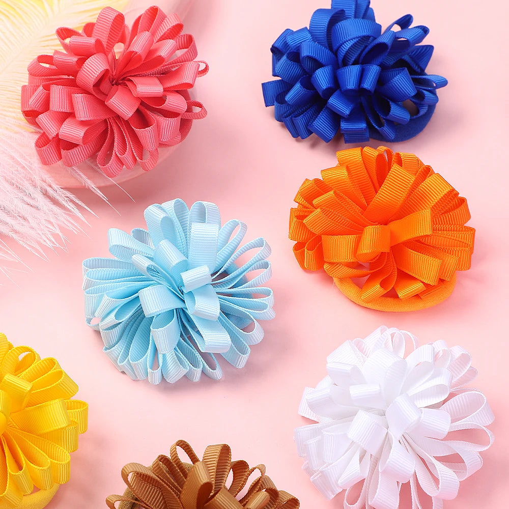 10Pcs random color ribbon flower hair band for girls ponytail head rope elastic embroidered ball headband hairdress