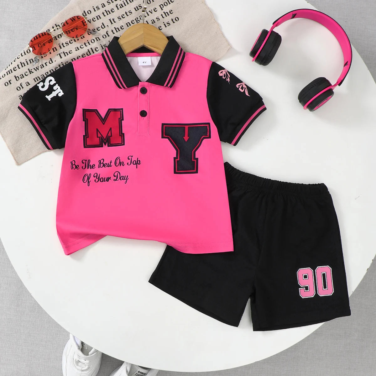 2Pcs Children's and girls' Letter Color blocked short Sleeved+Shorts summer Set, 4-7 Year old Girls' Summer Athleisure Set