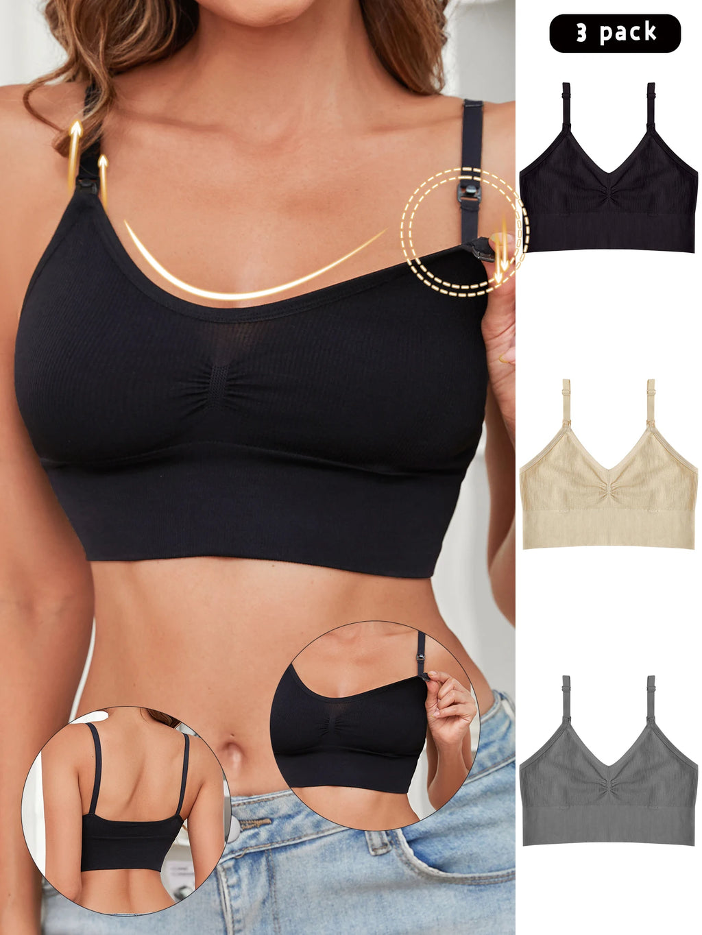 3 Pcs Breathable Front Opening Nursing Bra Seamless Maternity Bra Comfortable Detachable Sponge Mesh Nursing Bra